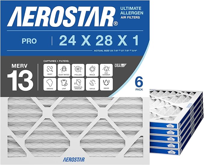 Aerostar 24x28x1 MERV 13 Pleated Air Filter, 6 Pack, AC Furnace Filters, HVAC Filter, Air Conditioner Filters, Heater Filters Replacement for Home (Actual Size: 23.875x27.875x0.75)