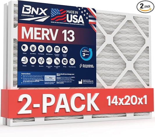 BNX TruFilter 14x20x1 MERV 13 (2-Pack) AC Furnace Air Filter - MADE IN USA - Electrostatic Pleated Air Conditioner HVAC AC Furnace Filters - Removes Pollen, Mold, Bacteria, Smoke
