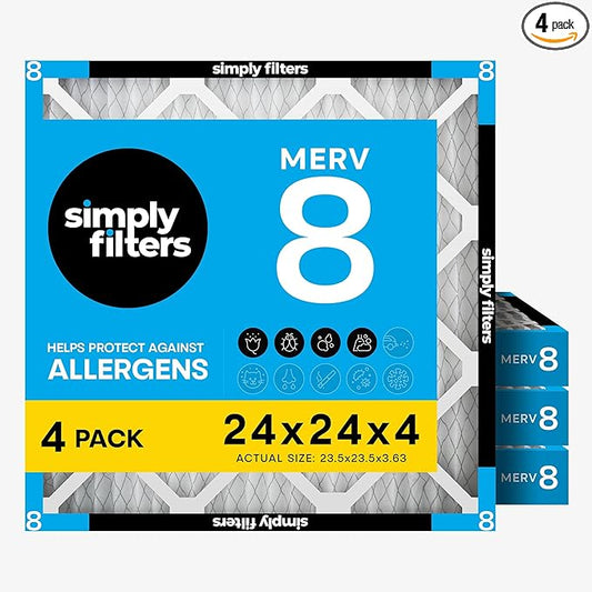 Simply 24x24x4 Air Filter, MERV 8, 4 Pack, Furnace Air Filter for HVAC (Actual Size: 23.5"x23.5"x3.63") DUST, Pet & Allergy Control