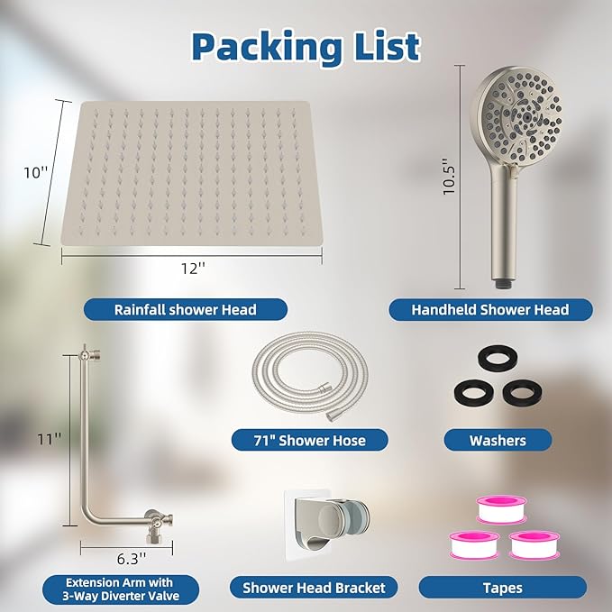 12" All Metal Shower Head, High Pressure 10-Spray Handheld Showerhead Rainfall Shower Head Combo with 11" Adjustable Shower Extension Arm, 71" Hose, Shower Head Holder, Brushed Nickel