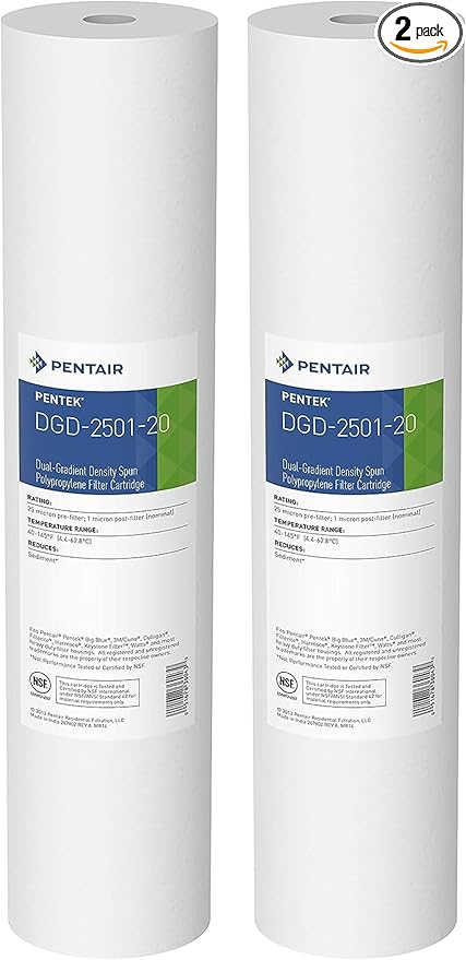 Pentair Pentek DGD-2501-20 Big Blue Sediment Water Filter, 20-Inch, Whole House Dual-Gradient Density Spun Polypropylene Cartridge, 20" x 4.5", 1 Micron, Pack of 2
