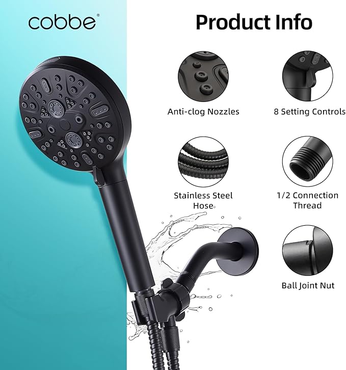 Filtered Shower Head with Handheld - High Pressure 9 Spray Modes Showerhead with 16-Stage Water Softener for Hard Water - Purifying Detachable Hand Held Shower Head, Matte Black