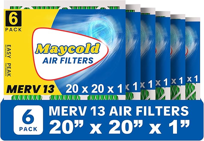 Maycold 20x20x1 Pleated Air Filter MERV 13 (6-Pack) | Superior High-Efficiency Replacement Filters for AC & Furnace Units | Actual Size: 19.70" x 19.70" x 0.75"