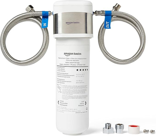 Amazon Basics Under Sink Water Filter System, NSF/ANSI 42 & 372 Certified, Easy Twist-and-Lock Design, 11,000 Gallons, 1 Year Service Life, White