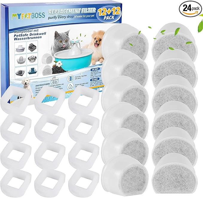 12+12 Pack Cat Water Fountain Filter, Pre-Sponge & Replacement Carbon Filters Compatible with Petsafe for Drinkwell Fountain Avalon Pagoda Seascape Pet Fountains