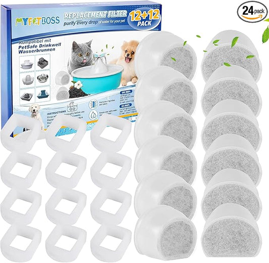 12+12 Pack Cat Water Fountain Filter, Pre-Sponge & Replacement Carbon Filters Compatible with Petsafe for Drinkwell Fountain Avalon Pagoda Seascape Pet Fountains