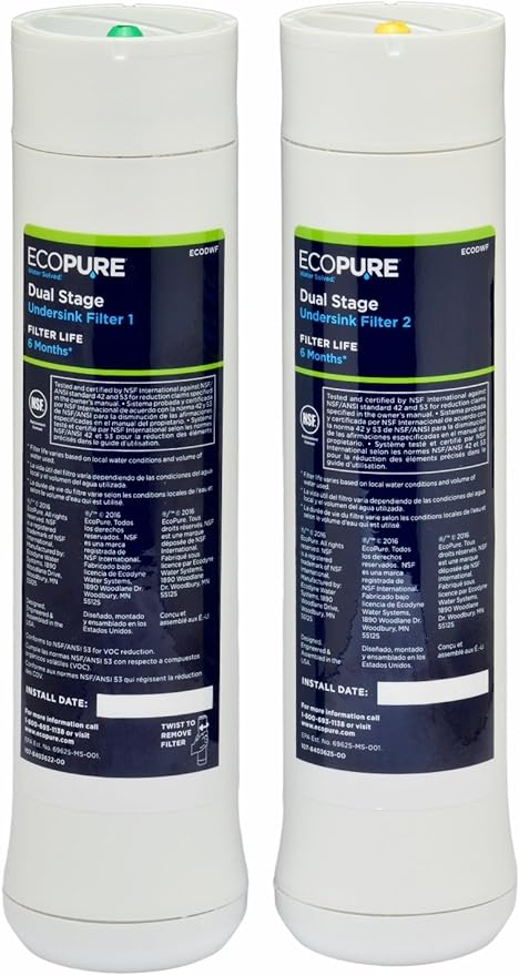 EcoPure ECODWF Dual Stage Water Filter Replacement Set – Fits ECOP20 Under Sink System – NSF-Certified – Reduces Lead, Chlorine, Cysts & More – 6-Month Life – Easy, Mess-Free Changes