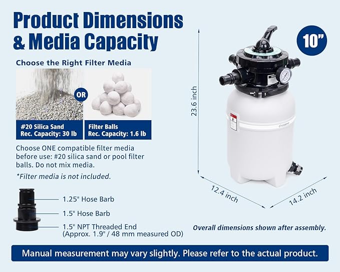 10” Sand Filter Tank Replacement Kit, Pool Sand Filter Tank with 6-Way Multi-Port Valve and 1.25/1.5 in Hose Adapters for Compatible Above Ground Pool Sand Filter Systems, Pump Not Included