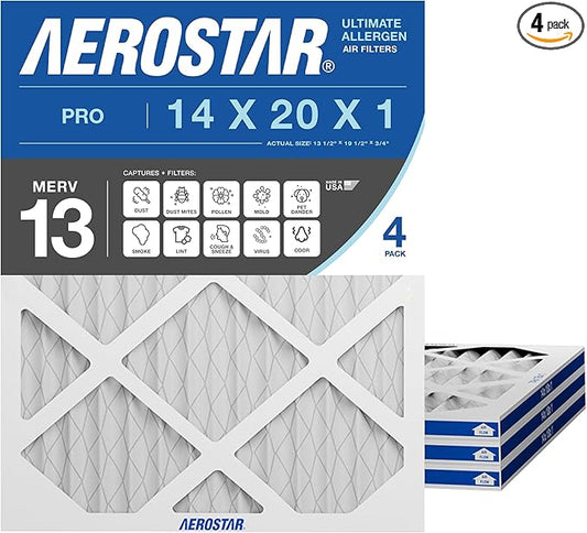 Aerostar 14x20x1 MERV 13 Pleated Air Filter, 4 Pack, AC Furnace Filters, HVAC Filter, Air Conditioner Filters, Heater Filters Replacement for Home (Actual Size: 13.5x19.5x0.75)