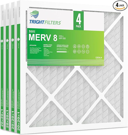 TRIGHTFILTERS 20x20x1 Air Filter 4 Pack, MERV 8 Pleated Dust Defense Air Filters Replacement Air Conditioner HVAC AC Furnace Filter, Durable and Lightweight