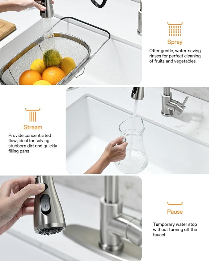 Kicimpro Kitchen Faucets with Pull Down Sprayer, NSF Certified Lead-Free 304 Stainless Steel Sink Faucet 1 Hole, Faucet for Kitchen Sink, Rv, Bar, Camper, Laundry, Easy Installation,Brushed Nickel