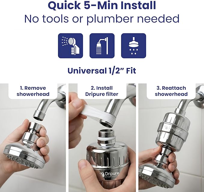 Universal Shower Filter, High Pressure Shower Filter Designed With Multi-Stage Filtration, Extra Replacement Cartridge Included, Compatible With Most Setups, Standard G1/2 Connection