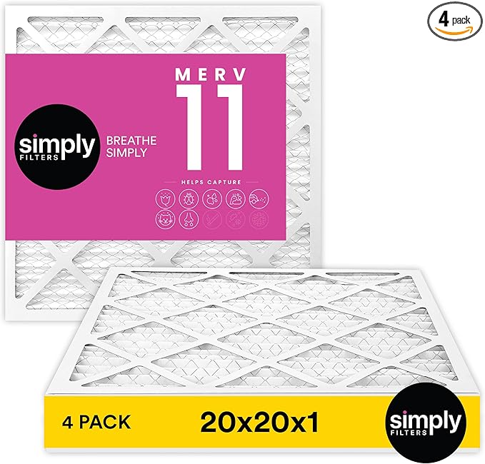 Simply 20x20x1 Air Filter, Merv 11, 4 Pack, For Home AC Furnace & HVAC (Actual Size: 19.75"x19.75"x0.75") DUST, Pet, & Allergy Control