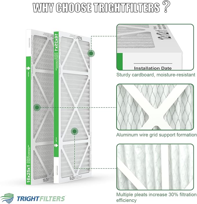 TRIGHTFILTERS 16x25x1 Air Filter 4 Pack, MERV 8 Pleated Dust Defense Air Filters Replacement Air Conditioner HVAC AC Furnace Filter, Durable and Lightweight