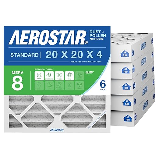 Aerostar 20x20x4 MERV 8 - 6 Count - High Efficiency Pleated HVAC, Furnace & Air Conditioner Filters - Removes Dust, Lint, Mold & Allergy-Causing Pollen