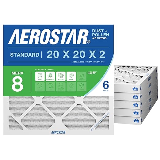 Aerostar 20x20x2 MERV 8 - 6 Count - High Efficiency Pleated HVAC, Furnace & Air Conditioner Filters - Removes Dust, Lint, Mold & Allergy-Causing Pollen