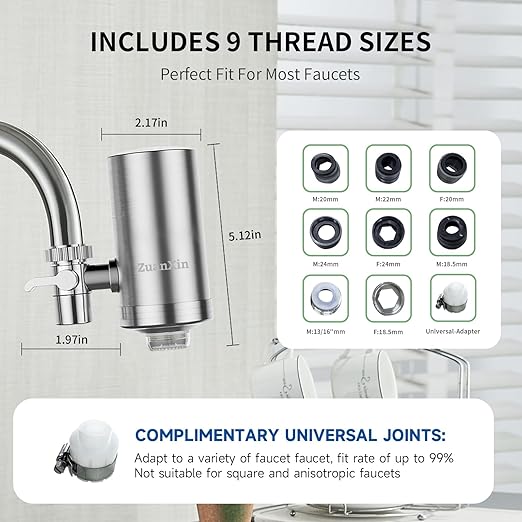 Water Filter for Sink Faucet, Stainless Steel Water Purifier for Kitchen Sink, Reduces PFAS, Lead, Chlorine & Microplastics, 350 Gallons Long-Lasting for Kitchen & Bathroom, 2 Filters