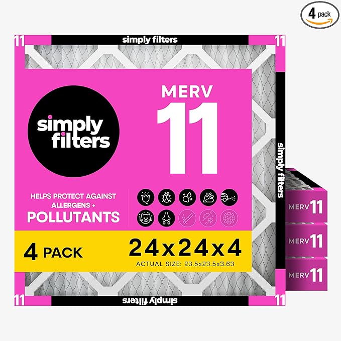 Simply 24x24x4 Air Filter, MERV 11, MPR 1000, 4 Pack, Furnace Air Filter for HVAC (Actual Size: 23.5"x23.5"x3.63") DUST, Pet & Allergy Control
