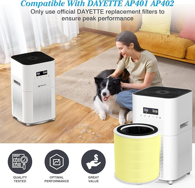 Pet Dander Odor H14 Replacement Filter Compatible with DAYETTE Air Purifier AP401 AP402, 4-in-1 H14 Grade True HEPA, High-Efficiency Activated Carbon