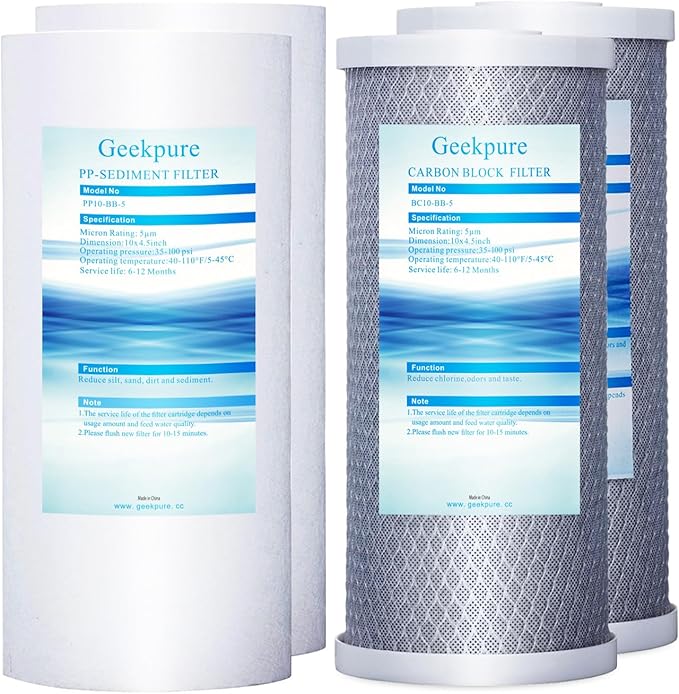 Geekpure 10 Inch Whole House Replacement Water Filters Set w/PP and Carbon Block -4.5"x 10"-5 Micron-Pack of 4