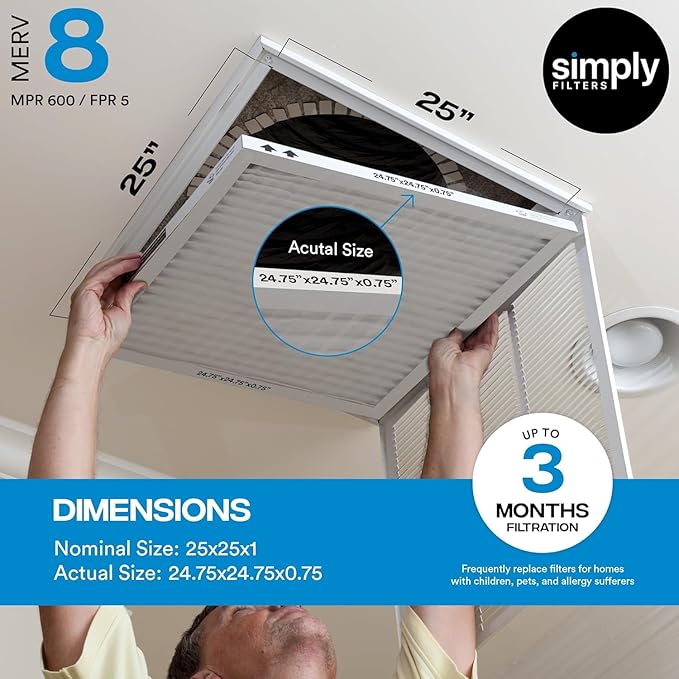 Simply 25x25x1 Air Filter, Merv 8, 6 Pack, For Home AC Furnace & HVAC (Actual Size: 24.75"x24.75"x0.75") DUST, Pet, & Allergy Control