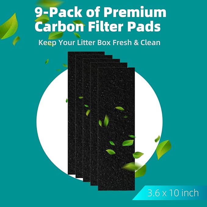 MEDUWEDU 9-Pack 3.6" x 10" Carbon Filter Pads for Automatic & Dome-Style Cat Litter Boxes – Activated Charcoal Liners for Odor Control