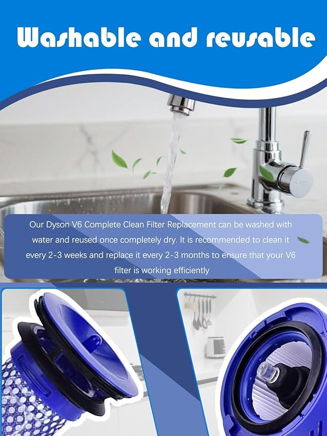 Suitable for Dyson V6 Absolute Vacuum Filter Replacement Set, Blue, 2 Front and 2 Rear Filters with Cleaning Brush, Compatible with V6 Series