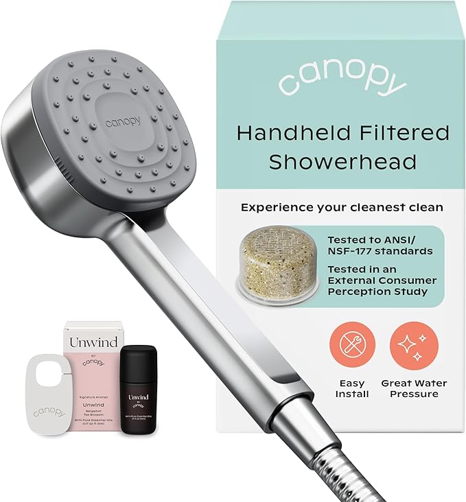 Canopy Handheld Filtered Shower Head & Scalp Massager - High Pressure Shower Head Filter for Hard Water - Shower Filter To Remove Impurities for Healthier Scalp, Skin & Hair - Hair Growth - Chrome