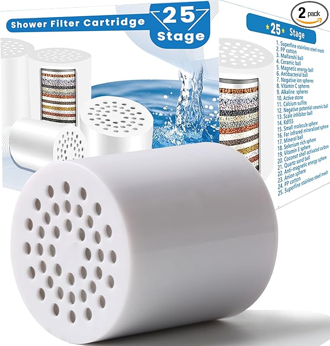 25 Stage Shower Filter Replacement Cartridge, 2 Pack Universal Cartridges for Hard Water – Removes Chlorine, Heavy Metals, Iron & Sediments, Fit Any Similar Design Shower Water Filter