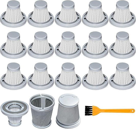 16 Pcs Vacuum Filter Replacement Compatible with Slim V8 Mate, Slim V8 Apex, Slim V10 Mate Cordless Car Vacuum Cleaner, 2 Stainless Steel Pre-filter, 16 Washable Hepa Filters, 1 Cleaning Brush
