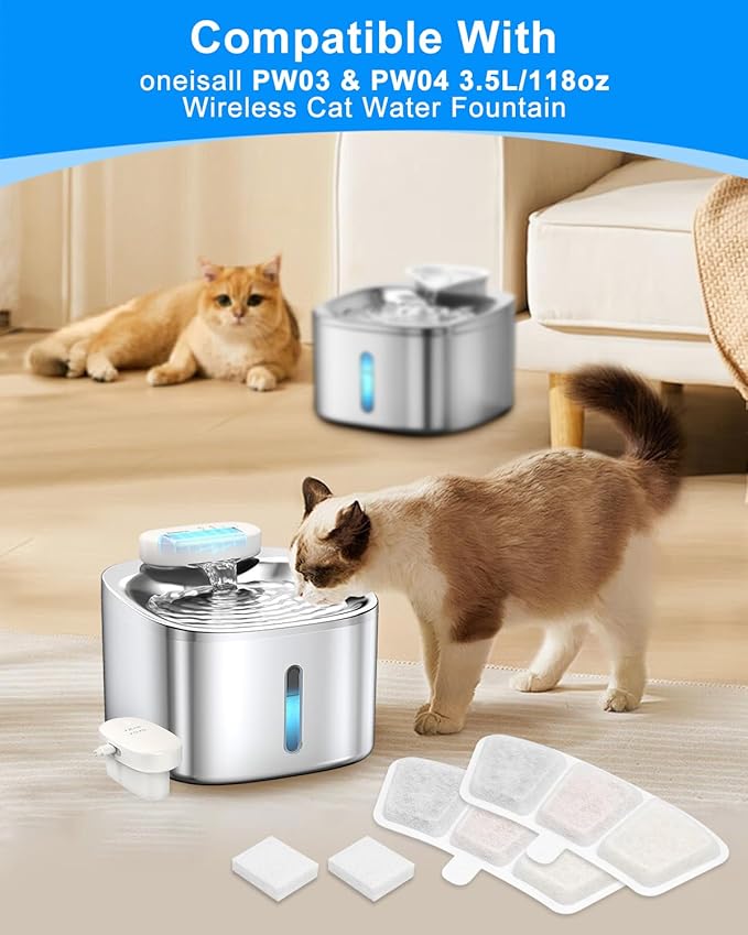 Cat Water Fountain Filter Compatible with oneisall PW03 & PW04 3.5L/118oz, Cat Fountain Filters Replacement Fit for oneisall, Multilayer Filters System, Keeping Pet Water Clean 12+12 Pack