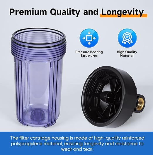 PUREPLUS 5 Micron 2-Stage Whole House Water Filter System for Municipal Water, 10"x4.5" Universal Clear Housing with Pressure Gauges, 1" NPT – NSF/ANSI 42 Certified Filters, Chlorine & Odor Removal
