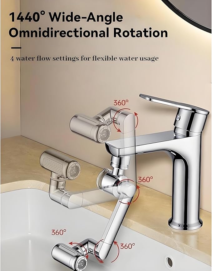 1080°Rotating Faucet Extender With Upward Facial Mist,4 Water Modes & Filter,Swivel Faucet Extender for Bathroom Kitchen,Multifunctional Universal Robotic Arm -Wash Face/Hand/Hair (Silver-1PCS)