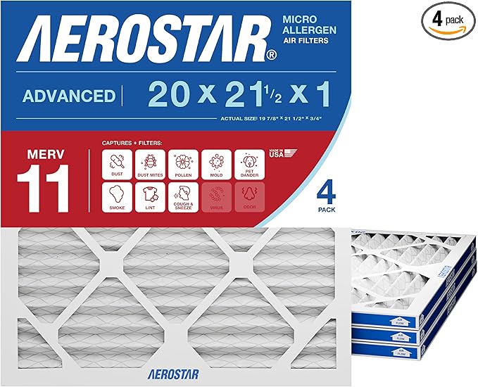 Aerostar 20x21.5x1 MERV 11 Pleated Air Filter, 4 Pack, AC Furnace Filters, HVAC Filter, Air Conditioner Filters, Heater Filters Replacement for Home (Actual Size: 19.875x21.5x0.75)