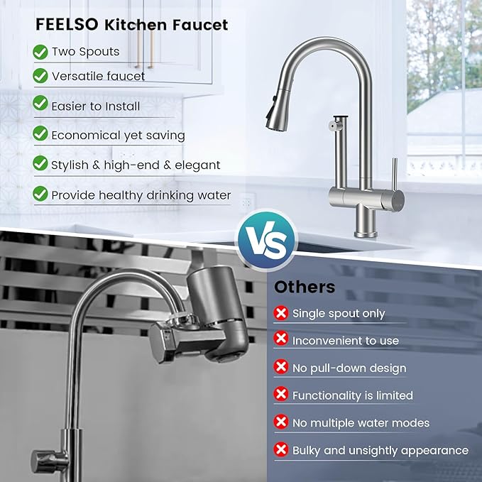 FEELSO Filter Kitchen Faucet, Stainless Steel Pull Down Sprayer, Reduces Lead Chlorine, High Arc 1 or 3 Hole Farmhouse Sink Faucet