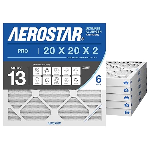 Aerostar 20x20x2 MERV 13 Air Filter, 6 Count, ACTUAL SIZE (19.50 x 19.50 x 1.75), HVAC, Air Conditioning & Furnace Filter for Allergies, Dust, Pet Dander & Smoke (MPR 1500 / FPR 10), Made in USA