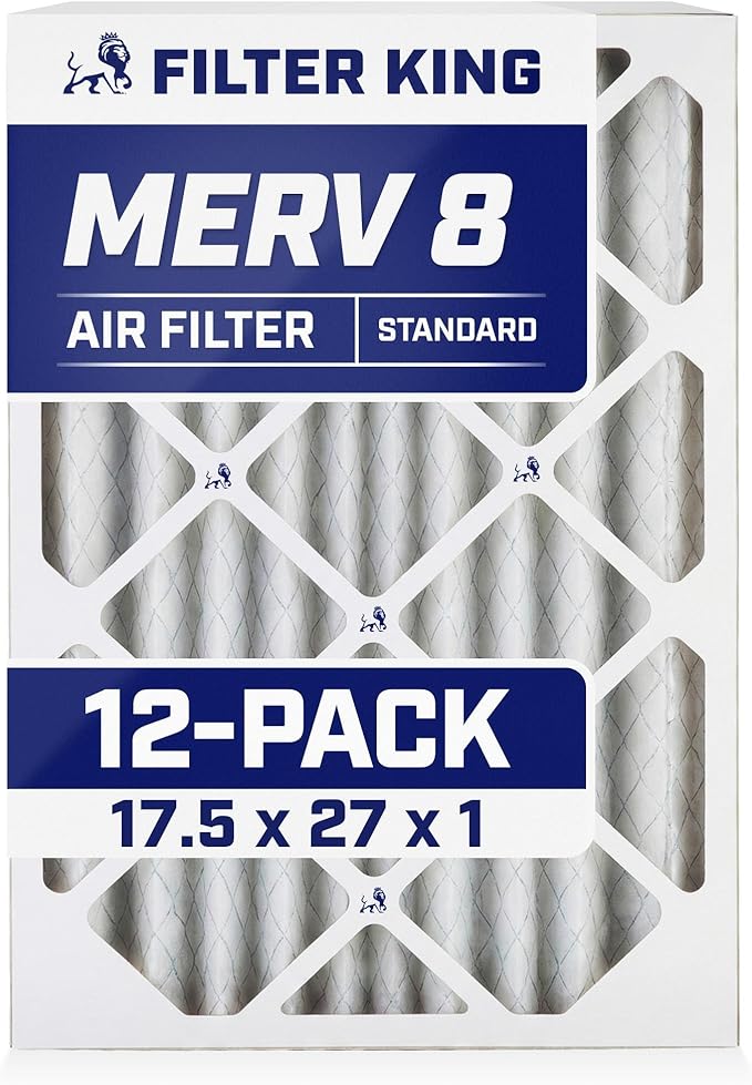 Filter King 17.5x27x1 Air Filter (MERV 8) (12-Pack) Dust & Allergy Control AC Furnace Filters, MADE IN USA, HVAC, Pleated, Electrostatic (Actual Size: 17.5 x 27 x .75)