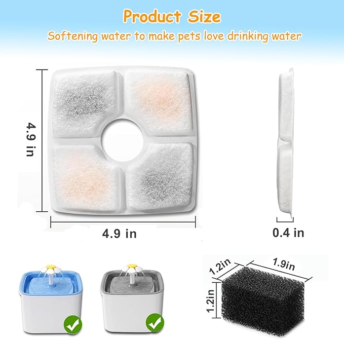 8 Pack Replacement Filters & 8 Pack Pre-Filter Sponges for Veken 84 oz / 2.5L Automatic Pet Water Fountain, Triple Filtration Cat Fountain Replacement Filter