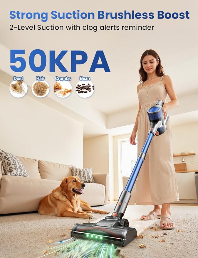 Dzaki Cordless Stick Vacuum Cleaner, 50KPa Brushless Motor Vacuum with Anti-Tangle, LED Display, 55-Min Runtime & Detachable Battery for Pet Hair, Carpet & Hardwood Floors