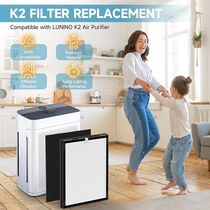 2 Pack K2 Replacement Filter Compatible with LUNINO K2, Double-Sided Filters for Home Large Room up to 3000sq.ft, H13 True HEPA and Activated Carbon Filter