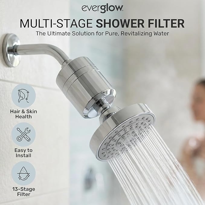 Everglow High Output Shower Filter Head for Hard Water, Multi Stage Filtration Shower Head Filter Water Softener System Helps Improve Hair, Skin, Nails, for Eczema, Dandruff, 100% Chlorine Removal