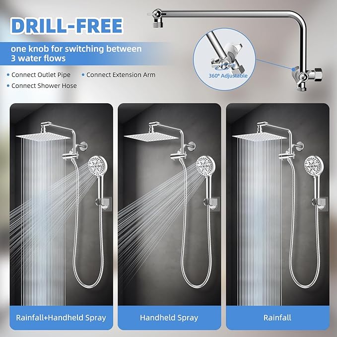 All Metal Shower Head, 8" High Pressure Rainfall/Handheld Shower Combo with 11" Extension Arm, 10-Spray Handheld Showerhead, 71" Long Hose, 3-Way Diverter Valve, Chrome