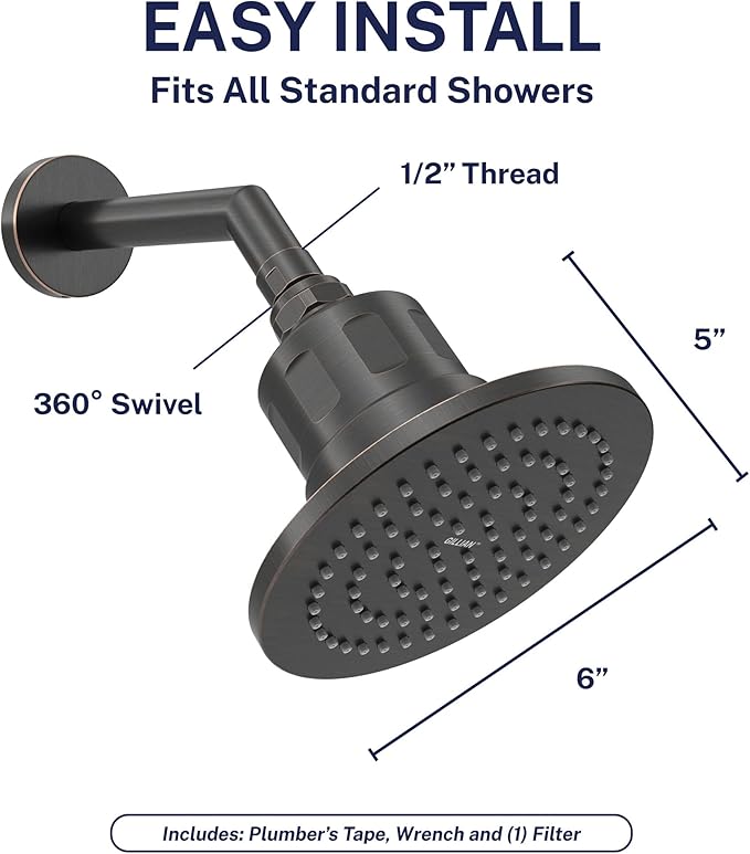 Gillian™ by HammerHead High Pressure Shower Head with Filter – KDF-55 Filtered Shower Head for Hard Water, Healthier Skin & Hair – Metal 6-Inch Rainfall Showerhead with Filters, Oil Rubbed Bronze