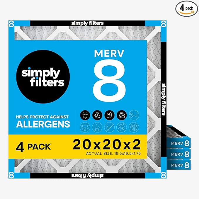 Simply 20x20x2 Air Filter, MERV 8, 4 Pack, Furnace Air Filter for HVAC (Actual Size:19.5"x19.5"x1.75") DUST, Pet, & Allergy Control