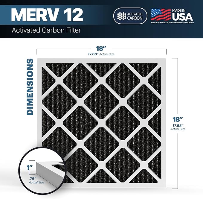 BNX TruFilter 18x18x1 MERV 12 Odor Defense (6-Pack) AC Furnace Air Filter with Activated Carbon - MADE IN USA - Pleated Air Conditioner HVAC AC Furnace Filters - Removes Odor, Mold, Bacteria, Smoke