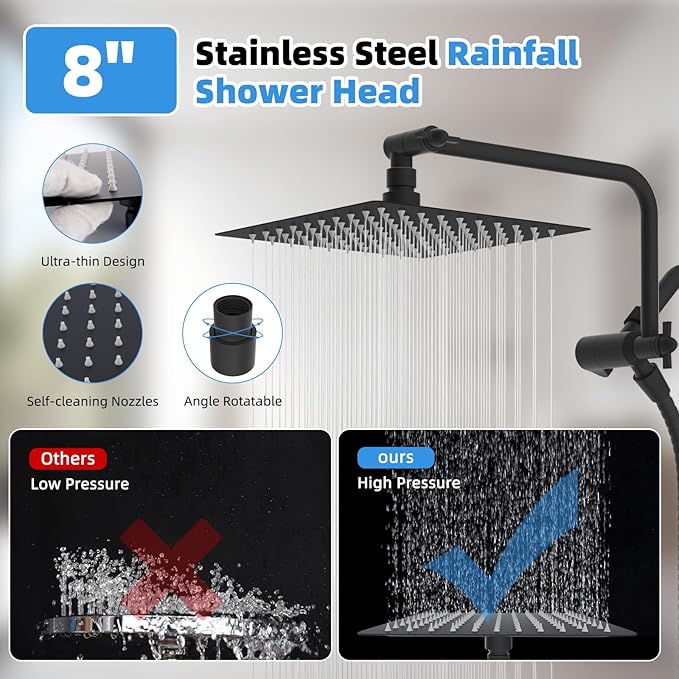 All Metal Shower Head, 8" High Pressure Rainfall/Handheld Shower Combo with 11" Extension Arm, 10-Spray Handheld Showerhead, 71" Long Hose, 3-Way Diverter Valve, Matte Black