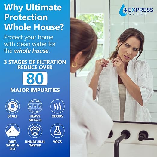 Express Water 3-Stage Whole House Water Filter System, Includes Pre-Filter, Free-Standing Stainless Steel Frame & 3 Pressure Gauges, Reduces Scale, Heavy Metals, PFAs, Lead, Arsenic & Chlorine
