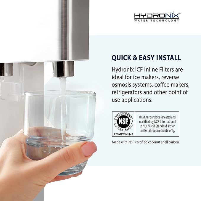 Hydronix ICF-10 Inline Post Activated Carbon Water Filter Replacement Cartridge with 1/4-Inch NPT for Refrigerator, Ice Maker, RO Reverse Osmosis System, 2000 Gallons - 1 Year Capacity (3 Pack)