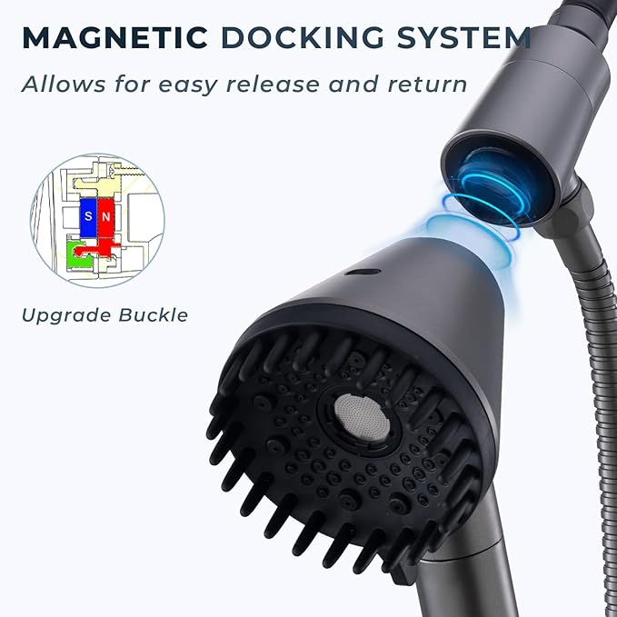 Ryamen 2026 Magnetic Filtered Shower Head with Handheld– High Pressure Showerhead with Power Wash Mode, Chlorine Removal, Massage Brush, Pressure Adjustable, One-Touch Pause (Gray)