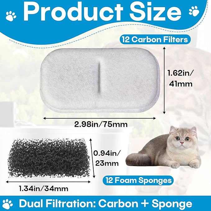 12+12 Packs Cat Water Filters Replacement for 108Oz/3.2L & 67Oz/2L Stainless Steel Pet Water Dispenser, Cat/Dog Indoor Water Dispenser Fountain for Most Pet Water Fountains 12 Filters & 12 Sponges